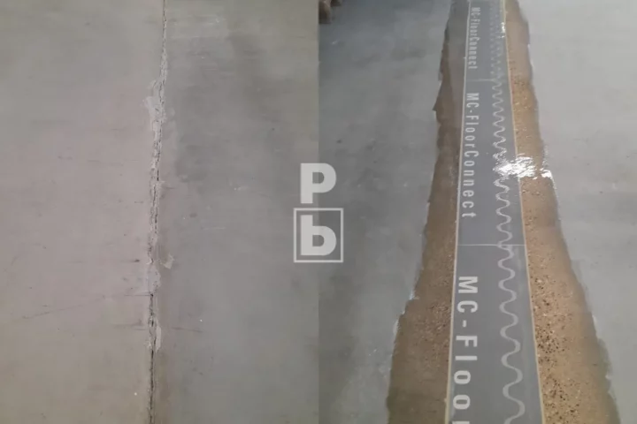 uszkodzona dylatacja konstrukcyjna w przejeżdzie pomiędzy halami po lewej, naprawiona dylatacja konstrukcyjna profilem polimerowym po prawej