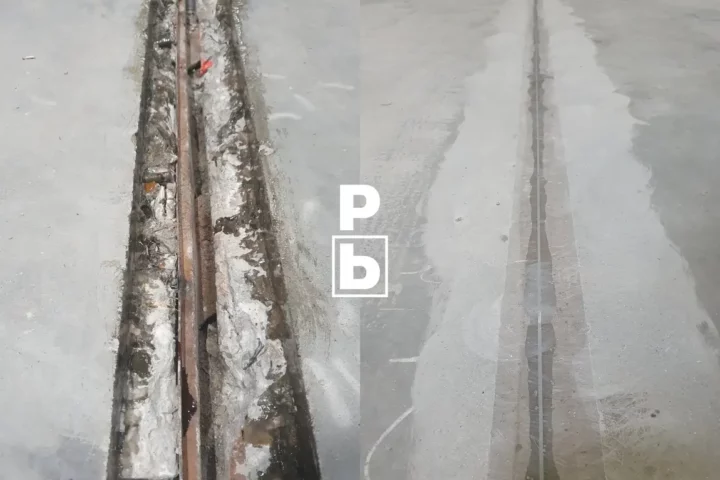 stalowa dylatacja robocza przed naprawą po lewej, dylatacja robocza po naprawie po prawej